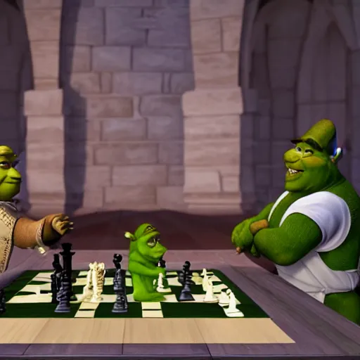 Image similar to shrek playing chess with the pope, ultra realistic, photorealistic, dynamic light, symmetry faces, cinematic