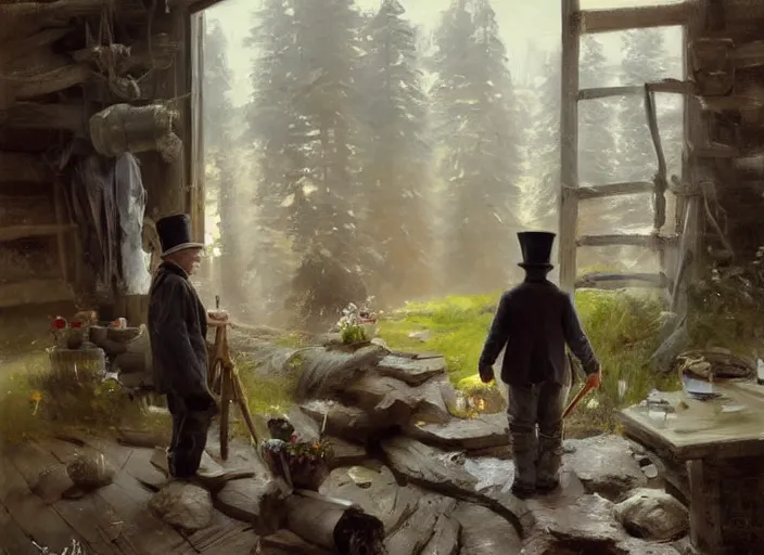 Image similar to oil painting, scandinavian gnome, dwarf, small with gray clothes, pointy top hat, in barn environment, hay and wooden tools, high detailed art by anders zorn, wonderful masterpiece by greg rutkowski, beautiful cinematic light, american romanticism by greg manchess, creation by tyler edlin