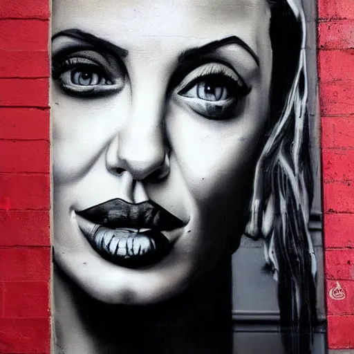 Image similar to Street-art portrait of Angelina Jolie in style of Banksy, photorealism