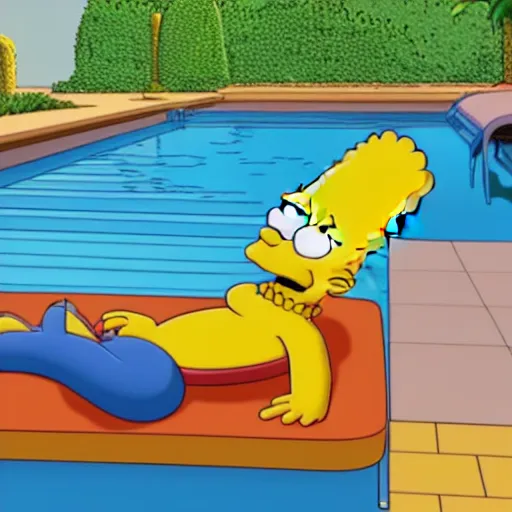 Image similar to 3D render of the Simpsons lounging near a pool