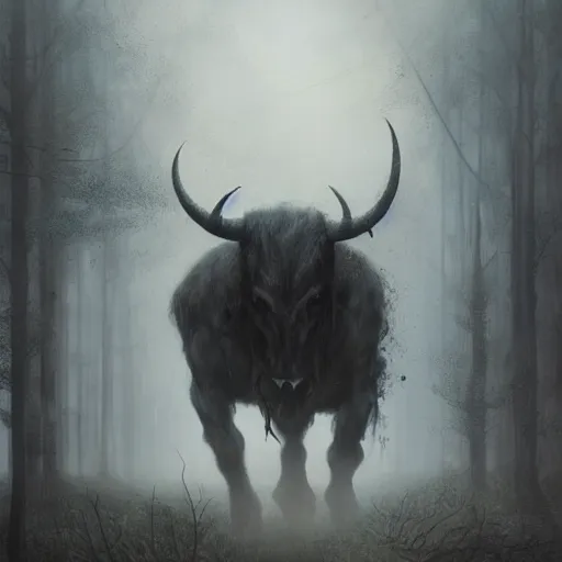 Prompt: a creepy atmospheric painting of a slender humanoid minotaur creature emerging from the mist. painting by greg rutkowski.