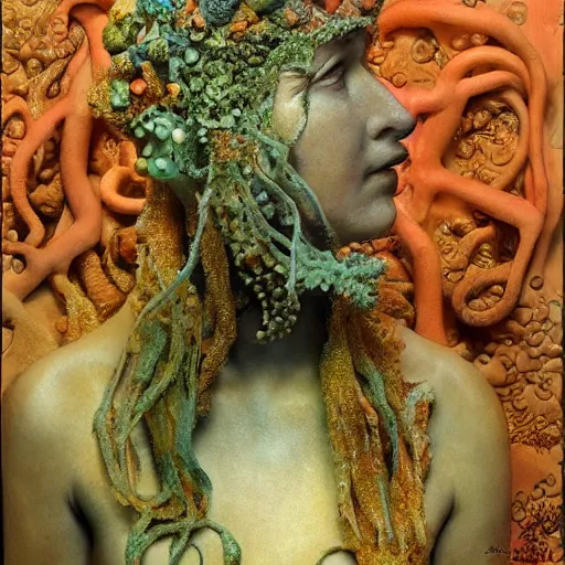 Prompt: a sculpture portrait made of seaweed and coral and shells and octopus, painting part by wojciech siudmak, part by ilya repin, part by max ernst, part by norman rockwell, artstation