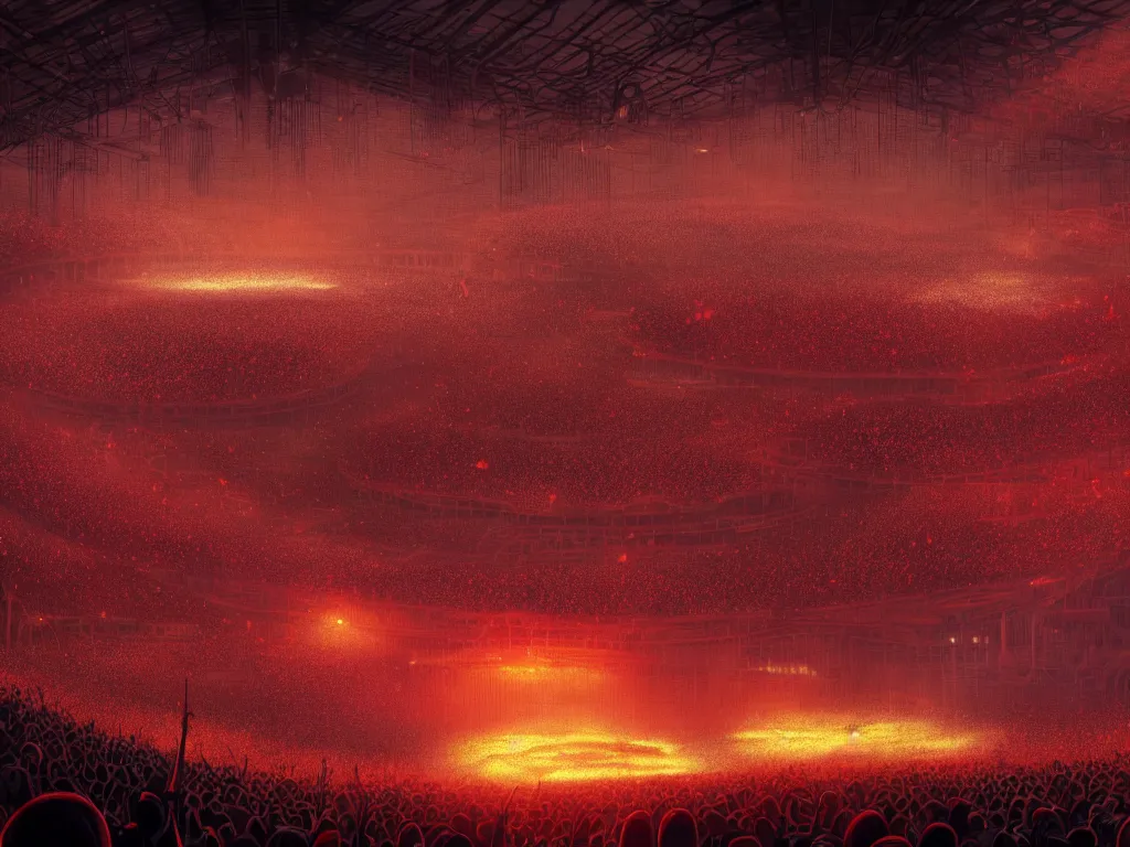 Image similar to a large concert stadium in hell, brightly lit stage centered and on fire, high contrast, stage lighting, pyrotechnics, ghibli animated film, volumetric lighting, octane render by stanley artgerm lau, greg rutkowski, thomas kindkade, alphonse mucha, loish, norman rockwel,