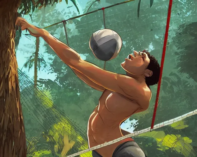 Prompt: a gorilla holding a volleyball and playing volleyball in a jungle, volleyball net, digital illustration, inspired by greg rutkowski and artgerm, high detail