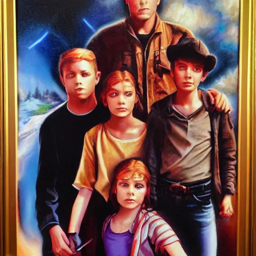 Image similar to 4 siblings standing together, 3 male 1 female, airbrush art, drew struzan illustration art, key art, portrait