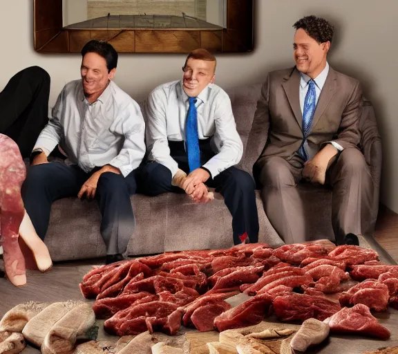 Prompt: realistic photograph of couch made out of meat, business men sitting on couch of meat and talking,