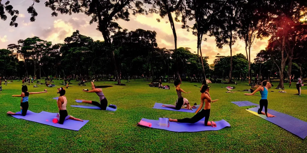 Prompt: ibirapuera park, in sao paulo, with people doing yoga, running and cycling on a beautiful afternoon with sunset, wide - angle lens, digital art, anime style