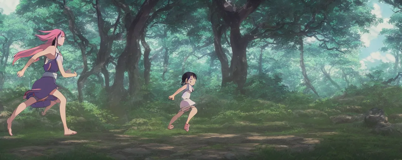 Prompt: beautiful goddess running, in forest, chase by warriors, nighttime, asian, fantasy, studio ghibli, screenshot from the anime film by makoto shinkai, 8k