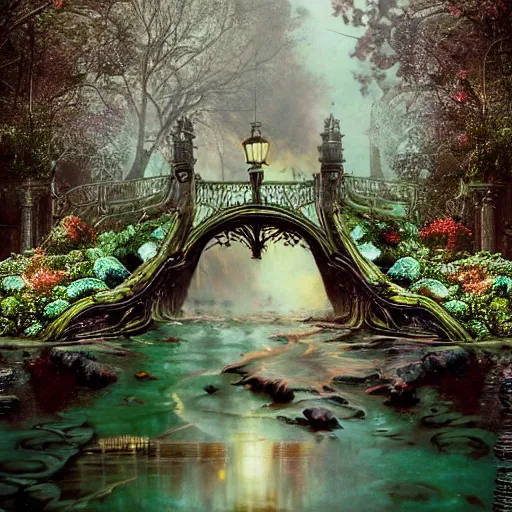 Prompt: fractal wire ball, ornate, beautiful, atmosphere, vibe, mist, smoke, fire, chimney, rain, wet, pristine, puddles, melting, dripping, snow, creek, lush, ice, bridge, green, forest, roses, flowers, by stanley artgerm lau, greg rutkowski, thomas kindkade, alphonse mucha, loish, norman rockwell