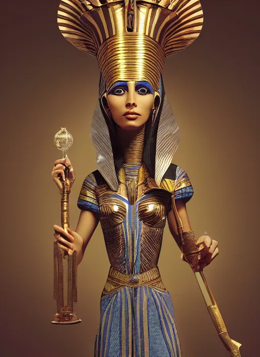 Image similar to an anthropomorphic beautiful female wizard of pharaoh holding magic wand portrait wearing robe, fine art, award winning, intricate, elegant, sharp focus, octane render, hyperrealistic, cinematic lighting, highly detailed, digital painting, 8 k concept art, art by jamie hewlett and z. w. gu, masterpiece, trending on artstation, 8 k