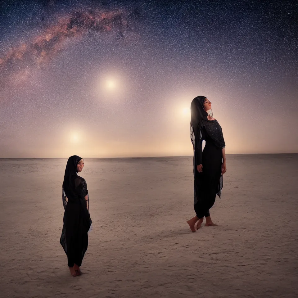 Image similar to young arabian woman standing on the beach at night with the moon above and the galaxy visible, masterful intricate artwork, high detail 8 k