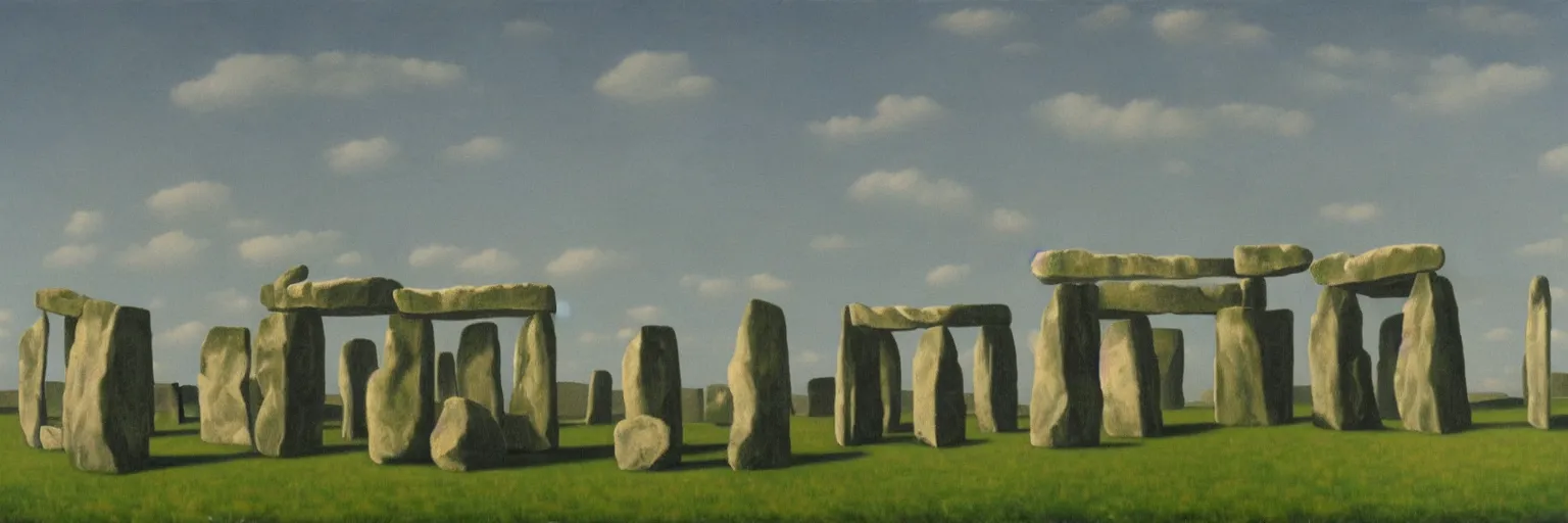 Prompt: stonehenge oil painting magritte