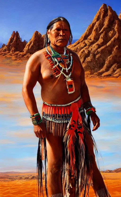 Image similar to full shot picture of indigenous leader standing in the desert, painted by lucian frued, hd, realistic lighting