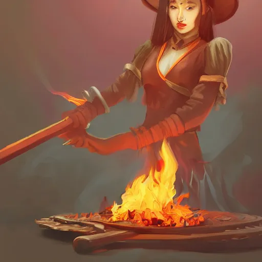 Prompt: an experienced witch casting fire magic, by hong soonsang, concept art, digital art, trending on artstation, pixiv, illustration