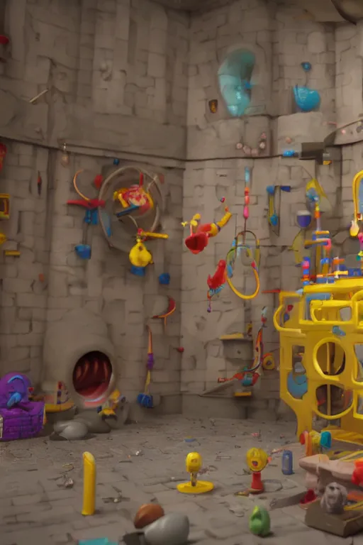 Prompt: render of fisher price torture dungeon with plastic torture devises, long shot, cinematography by wes anderson, 4 k octane render, intricate detail, photorealistic, cinematic lighting, artstation