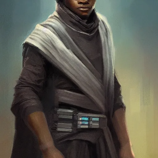 Image similar to portrait of a man by greg rutkowski, young jedi kinght that looks like john boyega, wearing jedi robes, star wars expanded universe, he is about 3 0 years old, highly detailed portrait, digital painting, artstation, concept art, smooth, sharp foccus ilustration, artstation hq