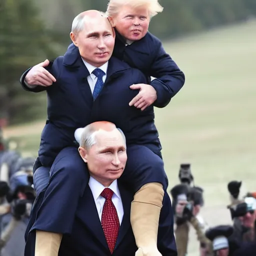 Image similar to Putin giving baby trump a piggyback ride, baby trump has a full trump haircut