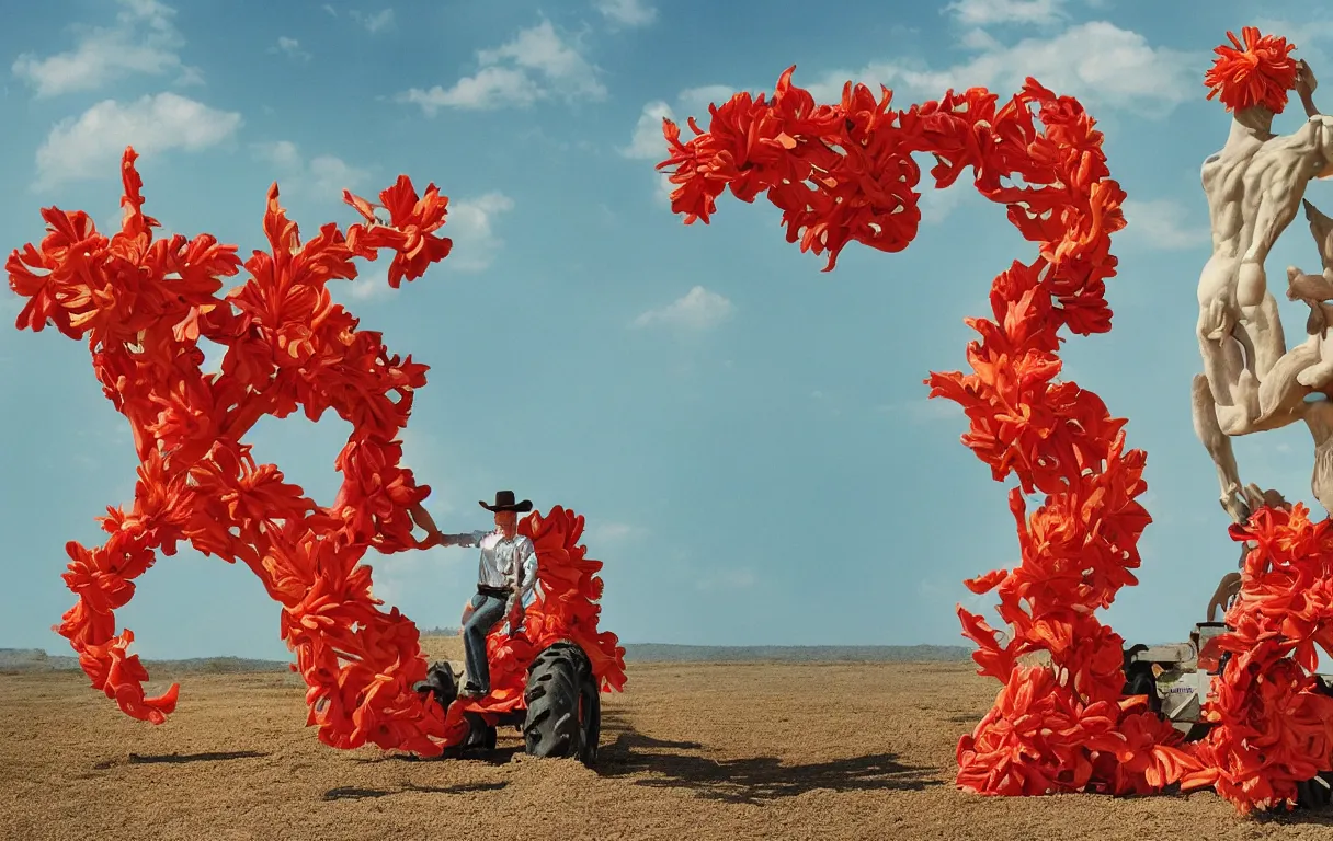 Image similar to a cowboy turning into blooms. tropical sea slugs, tractor tires. complementary colors. national geographic. 8 k, rendered in octane, smooth gradients. sculpture by antonio canova. red accents. by slim aarons, by zhang kechun, by lynda benglis