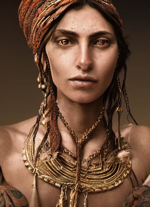 Image similar to portrait of a stunningly beautiful middle eastern tribal female, depth of field, zeiss lens, detailed, symmetrical, centered, fashion photoshoot, by Annie Leibovitz and Steve McCurry, David Lazar, Jimmy Nelsson, Breathtaking, 8k resolution, extremely detailed, beautiful, establishing shot, artistic, hyperrealistic, beautiful face, octane render