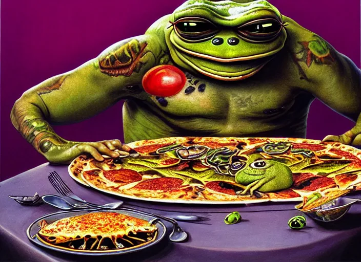 Prompt: hyper realistic detailed image of a heavy tattooed pepe the frog in punk clothes in mid 7 0 s italian restaurant eating bug pizza with grilled rainbow and drinking doom juice, by ayami kojima, amano, kittelsen, greg hildebrandt, and mark brooks, mystical, renaissance color palette, cinematic light, long cinematic shot, extremely detailed, very coherent symmetrical artwork