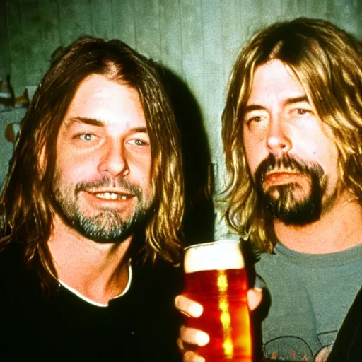 Image similar to Photo of Kurt Cobain and Dave Grohl sharing a beer in a bar