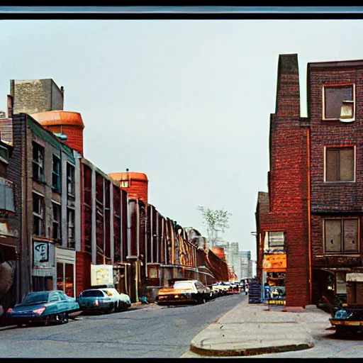 Image similar to street of brooklin 1 9 8 9, hyper detailed, kodachrome photo