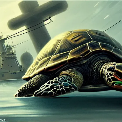 Prompt: giant turtle lying on ship deck, naval background, highly detailed, D&D, digital painting, artstation, concept art, smooth, sharp focus, illustration, art by artgerm and greg rutkowski and alphonse mucha