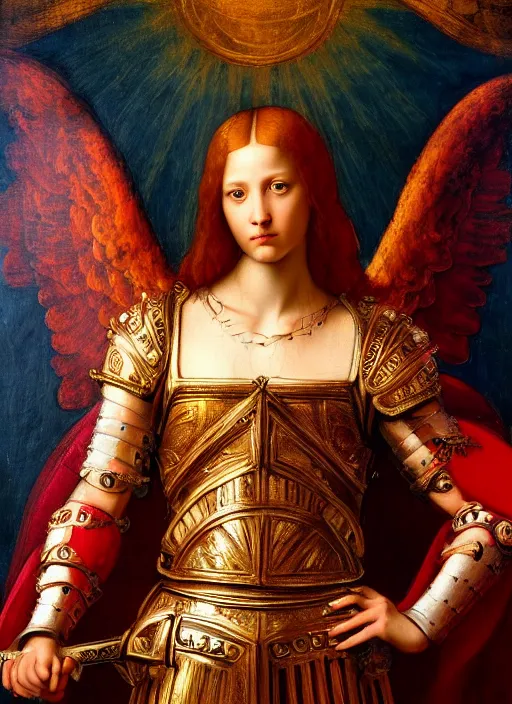 Prompt: a beautiful intricate renaissance painting portrait of an angel aasimar knight in heavy ornate red metal armor with a shining golden heavenly sword, by Raphael, Leonardo DaVinci, great masterpiece, award winning historic painting, dynamic composition, trending on artstation,4k, 8k