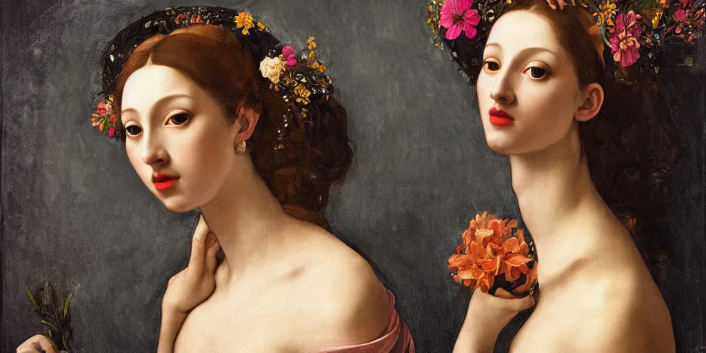 Image similar to a portrait of a very beautiful goddess with a halo behind her head, seductively looking in front, closeup, beautiful aesthetic face, in the style of Caravaggio and Vermeer and Gustav Klimt, realistic, dark, dramatic lighting, large flowers in the background