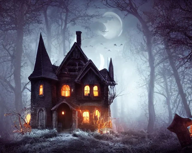 Prompt: the scariest witches house in the scariest dark forest, scary animals, epic scene, dark, scary, horror, frightening, fantasy, cinematic, redshift render, cgi, hyper - detailed, photo - bash, 8 k post - production, masterpiece