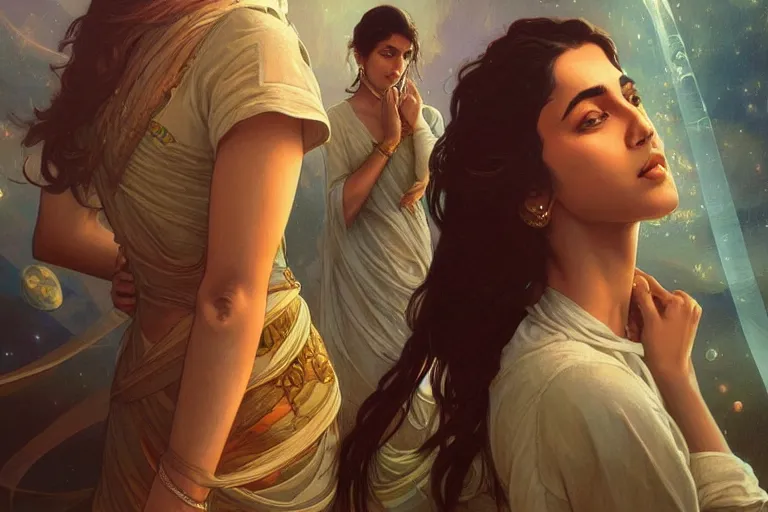 Prompt: Sensual good looking pale young Indian doctors wearing jeans in a space elevator above Earth, portrait, elegant, intricate, digital painting, artstation, concept art, smooth, sharp focus, illustration, art by artgerm and greg rutkowski and alphonse mucha