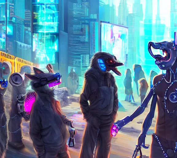 Image similar to high - resolution photograph from a cyberpunk era furry fandom convention ( midwest furfest 2 0 4 7 ), taking place after the genetic revolution and quantum singularity. photorealistic.