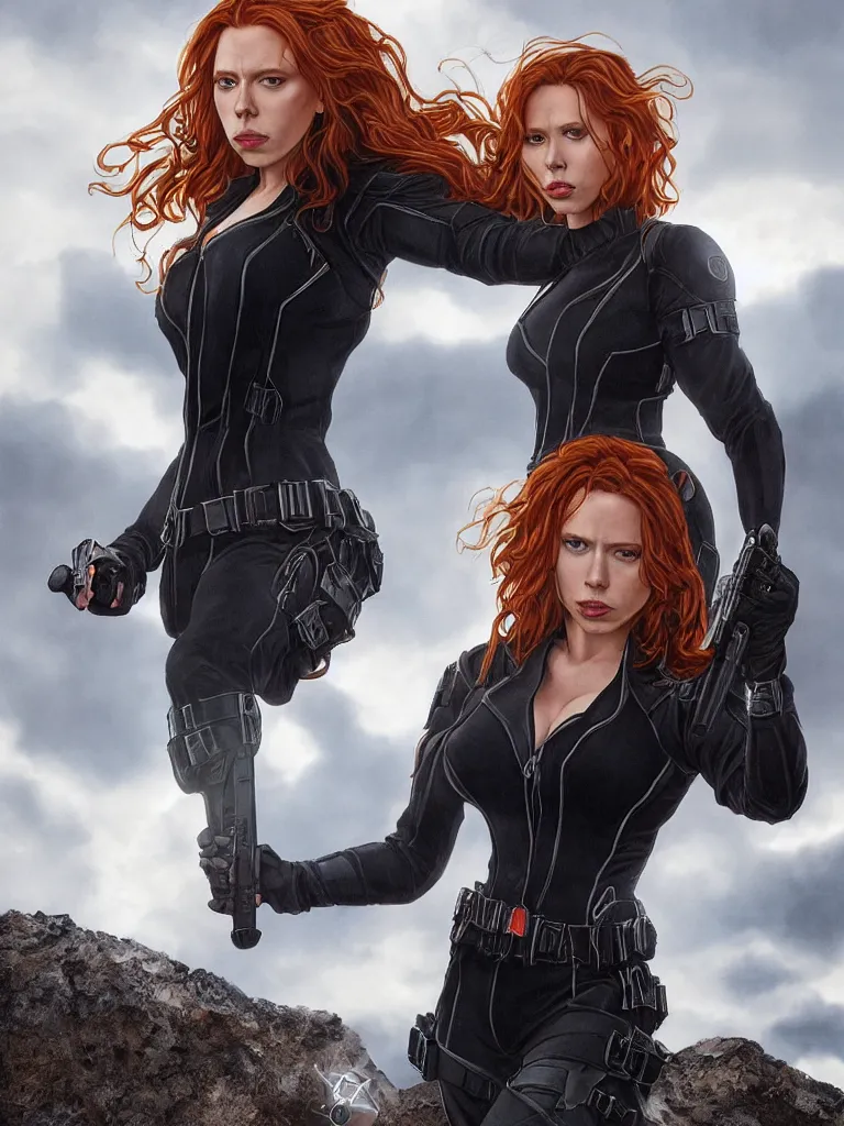 Prompt: portrait of marvel's black widow as a beautiful scandinavian goddess in a icelandic courtyard holding a pistol, decolletage, confident pose, coherent, insane detail, concept art, character concept, cinematic lighting, global illumination radiating a glowing aura