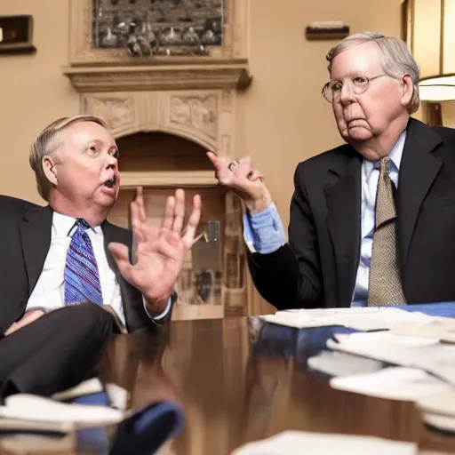 Image similar to lindsey graham and mitch mcconnell strung out on uppers and in search of a fix, hdr 4k photograph, ultrarealistic