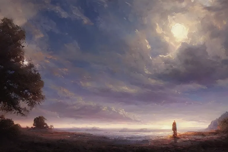 Prompt: a beautiful landscape, majestic skies, oil painting, by greg rutkowski