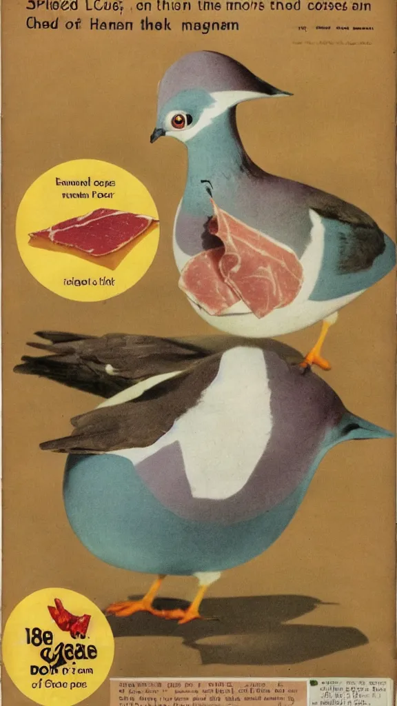 Image similar to 1 9 6 0 s food magazine photo of a pigeon made out of cheddar cheese and ham, soft focus