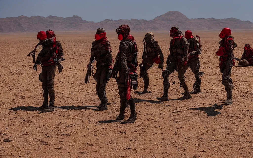 Prompt: in hot red desert a group of five people in dark green tactical gear like death stranding and masks in a sandy desert with distant red mesas behind them. They look afraid. dusty, red, mid day, heat shimmering.