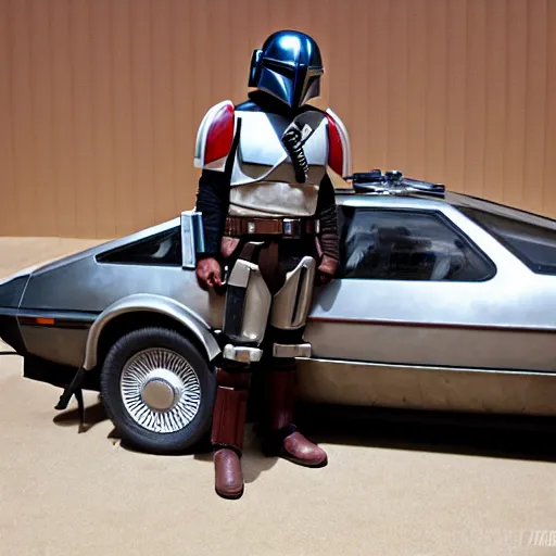 Prompt: the ( mandalorian ) standing next to a delorean