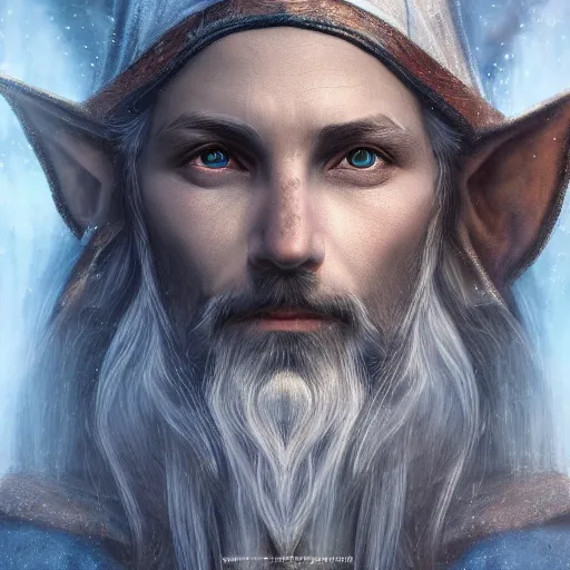 Image similar to hyper realistic portrait of an elf wizard using ray of frost, focus on face, fantasy, medieval, intricate details, religious, cinematic, trending on artstation, in the style of D&D