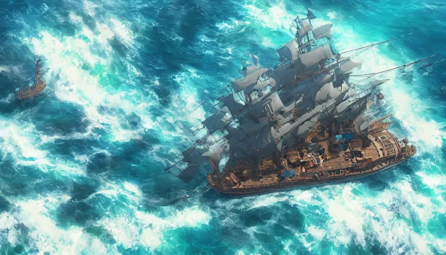 Prompt: A highly detailed matte painting of a huge pirate ship in the ocean by Studio Ghibli, Makoto Shinkai, by Artgerm, by beeple, volumetric lighting, octane render, 4K resolution, trending on artstation