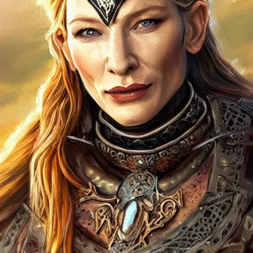Image similar to portrait of cate blanchett as a warrior woman, looking at camera, d & d, choker on neck, stylish armor, intricate, elegant, stylish, fierce look, fantasy, extremely detailed, digital painting, artstation, concept art, smooth, sharp focus, illustration, stunning lighting, art by artgerm and simon stalenhag