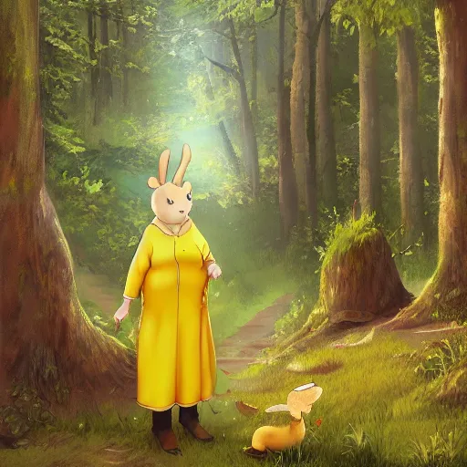 Image similar to concept art painting of an anthropomorphic elderly chubby doe wearing yellow dress, in the deep forest, realistic, detailed, cel shaded, in the style of makoto shinkai and greg rutkowski and james gurney