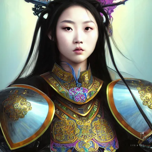 Image similar to beautiful and divine and holy and elite and colorlpunk three kingdom chinese female armor knight portrait like twice tzuyu+shinnyy eyes+front face with light flowing hair, ultradetail face, art and illustration by tian zi and craig mullins and WLOP and alphonse mucha, fantasy, intricate complexity, human structure, human anatomy, fantasy character concept, watermark, blurry, hyperrealism 8k