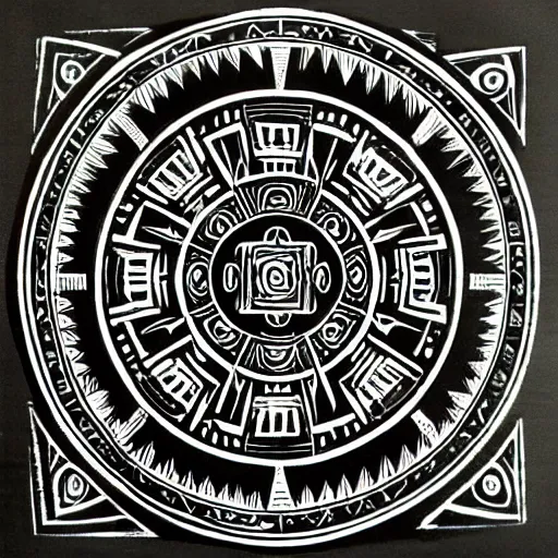 Prompt: aztec mandala, woodcut