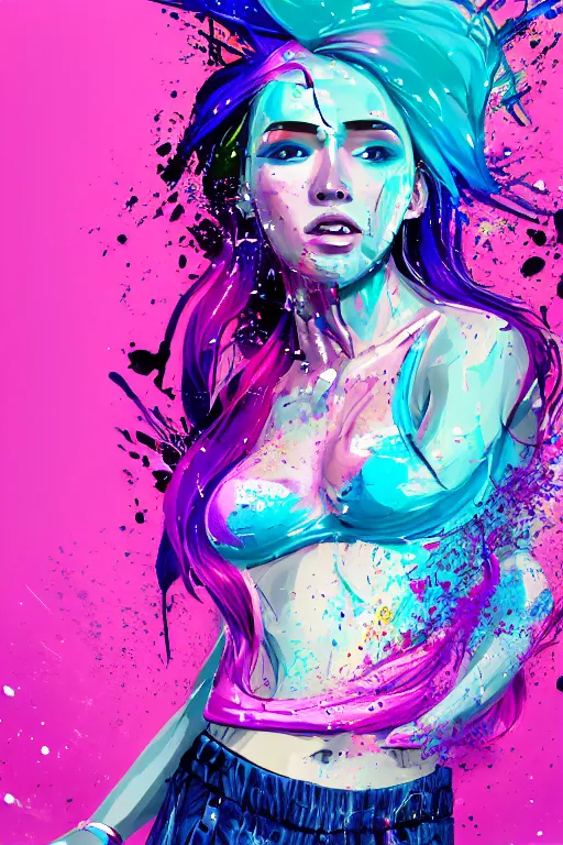 Image similar to a award winning half body portrait of a beautiful woman in a croptop and cargo pants with ombre purple pink teal hairstyle with head in motion and hair flying, paint splashes, splatter, outrun, vaporware, shaded flat illustration, digital art, trending on artstation, highly detailed, fine detail, intricate