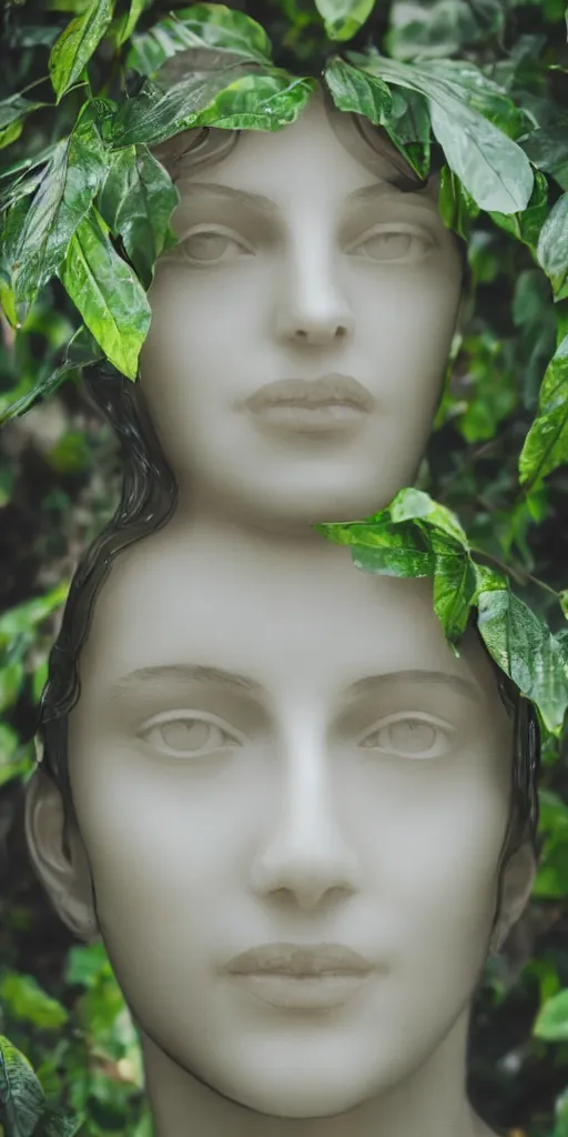 Prompt: A glass statue of a woman's face, transparent, high definition, foliage, leaves, high definition photography
