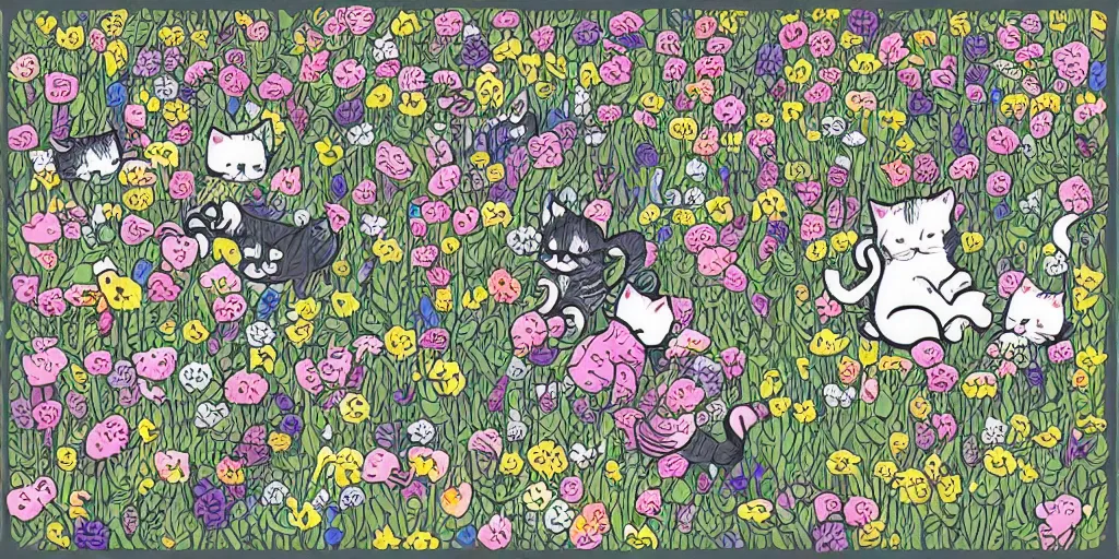 Image similar to group of kitten playing in a flower garden, art by mcbess