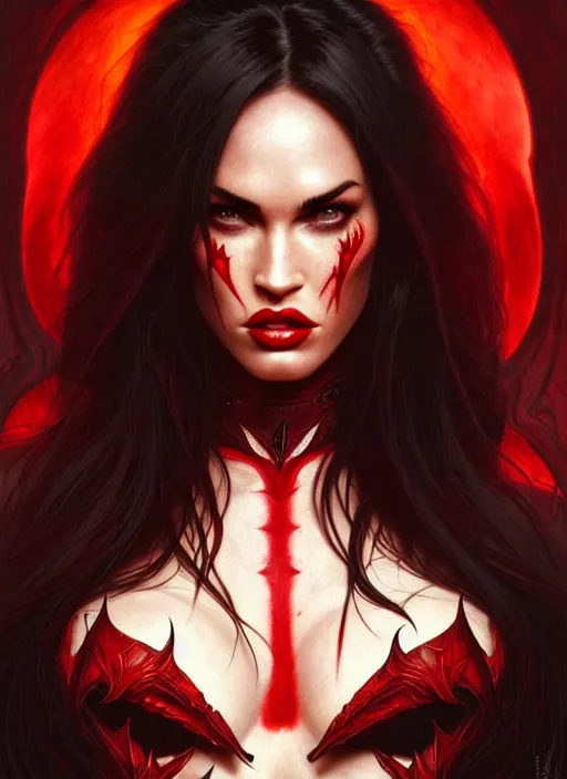 Image similar to portrait of megan fox as demon, devil, red skin, batwings, hell, intricate, headshot, highly detailed, digital painting, artstation, concept art, sharp focus, cinematic lighting, illustration, art by artgerm and greg rutkowski, alphonse mucha, cgsociety