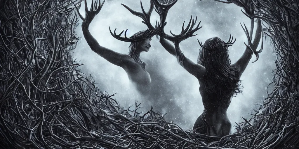 Prompt: a highly detailed novel cover of a beautiful brunette woman floating with arms outstretched in front of a cosmic portal to other worlds framed by massive antlers and thorns made of stone, blue monochrome tones, ominous, foreboding, dark, trending on artstation,