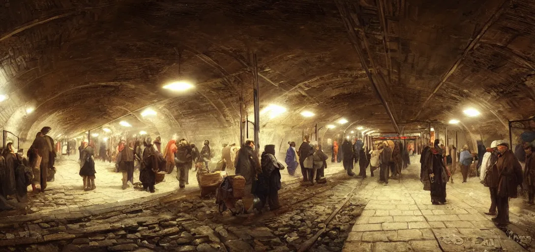 Prompt: market in an underground subway track by eugene von guerard, ivan shishkin, dramatic lighting, concept art, trending on artstation